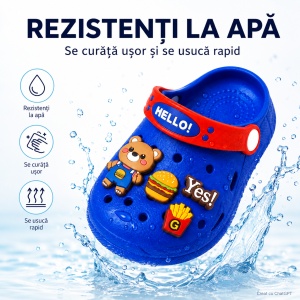 Saboți Copii Tip Crocs din Spumă EVA cu Ursuleț 3D și Accesorii Decorative, Baretă Reglabilă, Talpă Antiderapantă, Albastru - Img 5