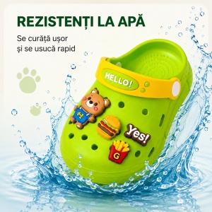 Saboți Copii Tip Crocs din Spumă EVA cu Ursuleț 3D și Accesorii Decorative, Baretă Reglabilă, Talpă Antiderapantă, Verde - Img 6