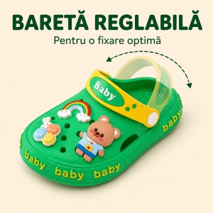 Saboți Copii Tip Crocs din Spumă EVA cu Ursuleț 3D și Curcubeu Decorativ, Baretă Reglabilă, Talpă Antiderapantă, Verde - Img 7