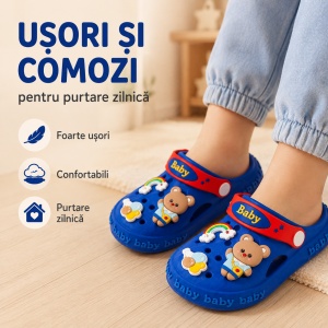 Saboți Copii Tip Crocs din Spumă EVA cu Ursuleț 3D și Curcubeu Decorativ, Baretă Reglabilă, Talpă Antiderapantă, Albastru - Img 9