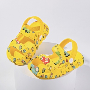 Saboți Copii Tip Crocs din Spumă, Model Decupat cu Mașinuțe Colorate, Baretă Reglabilă, Galben - Img 9