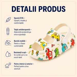 Saboți Copii Tip Crocs din Spumă, Model Decupat cu Mașinuțe Colorate, Baretă Reglabilă, Alb - Img 2