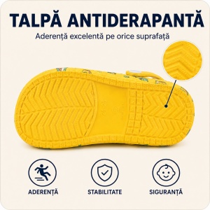 Saboți Copii Tip Crocs din Spumă, Model Decupat cu Mașinuțe Colorate, Baretă Reglabilă, Galben - Img 5