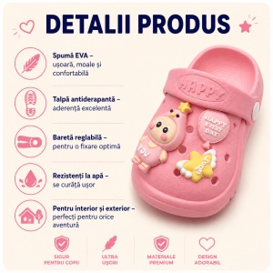 Saboți Copii Tip Crocs ,Spuma cu Personaj 3D, Balon și Stea Decorativa, Baretă Reglabilă, Talpă Antiderapantă, Roz - Img 2