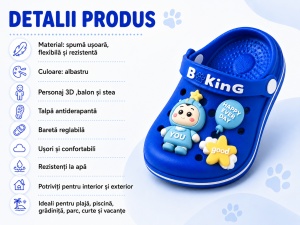 Saboți Copii Tip Crocs,Spuma cu Personaj 3D, Balon și Stea Decorativa, Baretă Reglabilă, Talpă Antiderapantă,Albastru - Img 4