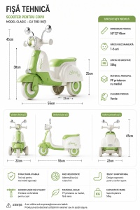 Scooter Verde pentru Copii cu 3 Roți, Far LED, Direcție 135° și Compartiment Depozitare – Ride-On pentru Copii 1-6 Ani - Img 2