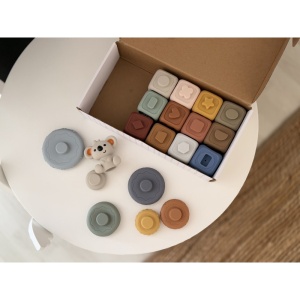 Set 2 in 1 Jucarii De Construit 3D, Cuburi si Cercuri Conectabile, Koola, 19 Piese, Silicon, 6luni+