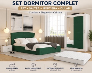 SET Dormitor Eden Verde cu Dressing și Oglindă + Saltea Lux Ortopedica, Arcuri Bonnell si Spuma Poliuretanica
