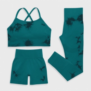 Set pentru Sala Green/Black 3 piese, Pantalon scurt si Colanti plus Bustiera, Model Tie-Dye