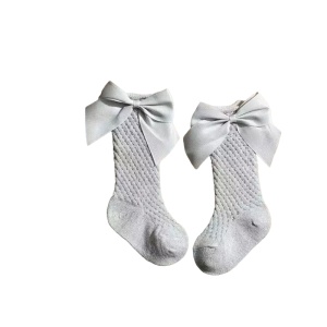 Sosete Lungi pentru Fete, cu Fundite din Saten, Bumbac, Gri, Marime 25