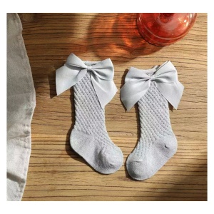 Sosete Lungi pentru Fete, cu Fundite din Saten, Bumbac, Gri, Marime 25 - Img 2