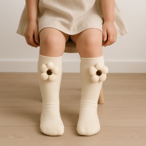 Sosete pentru Copii, Crem, Model cu Floare Crem, Bumbac, 2-5 ani