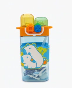 Termos pentru copii 2 in 1, cu Bareta, Plastic, Bleu, 580 ml