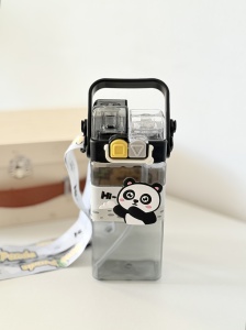 Termos Pentru Copii, Model 2 in 1, cu Bareta si Maner, Urs Panda Negru, 500 ml - Img 2
