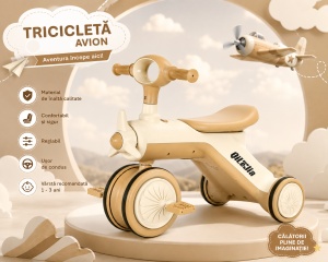 Tricicletă de Echilibru Crem-Alb cu Design Avion, pentru Copii 1-3 Ani - Img 4