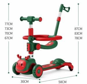 Trotinetă Copii 3 în 1, Verde-Roșu, Roti cu Lumini LED, Șezut și Mâner Reglabil, Model Ren - Img 2