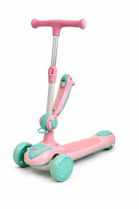 Trotineta Copii cu Sezut, Transformabila 2in1, Lumini, Ghidon Reglabil, Roz/Verde, 2 ani+ - Img 2