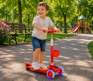 Trotineta Pliabila 2 in 1, cu Sezut Rabatabil, Cosulet si Luminite, Rosu, 2 ani+ - Img 4
