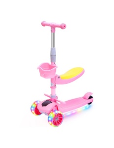 Trotineta Pliabila 2 in 1, cu Sezut Rabatabil, Cosulet si Luminite, Roz, 2 ani+
