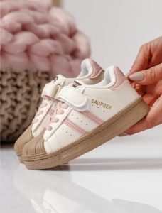 Adidași Copii Tip Superstar, cu Scai și Șireturi, Talpă Antiderapantă, Model Casual Sport, Alb cu Roz și Crem - Img 4