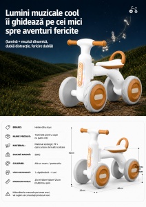 Bicicletă de Echilibru pentru Copii cu Lumini și Muzică, 4 Roți, Alb-Maro, 1-4 Ani - Img 5