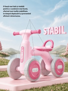 Bicicletă de Echilibru pentru Copii cu Lumini și Muzică, 4 Roți, Roz, 1-4 Ani - Img 3
