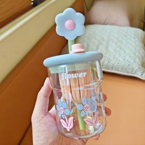 Cana cu Pai din Sticla, Bleu, Model cu Flori, 500 ml - Img 2