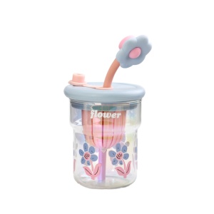 Cana cu Pai din Sticla, Bleu, Model cu Flori, 500 ml