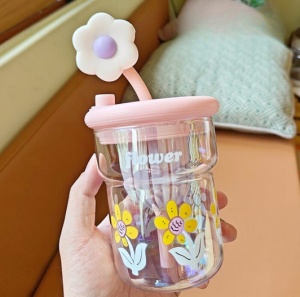 Cana cu Pai din Sticla, Roz, Model cu Flori, 500 ml - Img 3