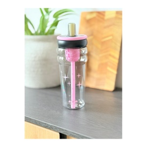 Cana cu Pai, model cu Stelute, cu Maner, Plastic, Roz, 500 ml