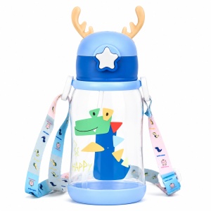 Cana cu Pai pentru Copii, cu Bareta, Plastic, Model Dinozaur, Albastru, 600 ml - Img 2