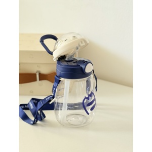 Cana cu Pai pentru Copii, cu Buton, Antiscurgere, Gradata, cu Bareta, Urs Albastru, 550 ml - Img 2