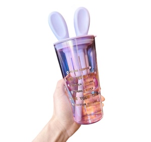 Cana cu Pai, Sticla, Model Urechi Iepuras, Mov, 500 ml