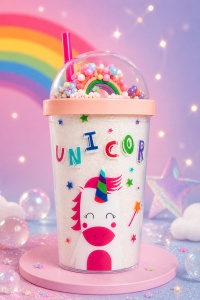 Cana cu Pai Unicor, Curcubeu si Bombonele, Plastic, Multicolor, 450 ml - Img 4