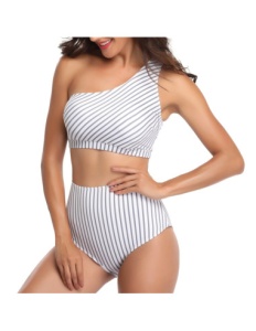 Costum de Baie Dama Doua Piese cu Chilot Inalt Alb cu Dungi - Img 2