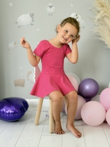Costum pentru Dans/Gimnastica, Body cu Fustita, Inchidere prin Capse, Maneca Scurta, Fucsia - Img 3