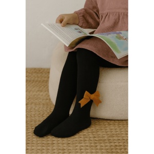 Dres cu Talpa pentru Copii, Negru, Model cu Funda Mustar, Bumbac Gros - Img 2