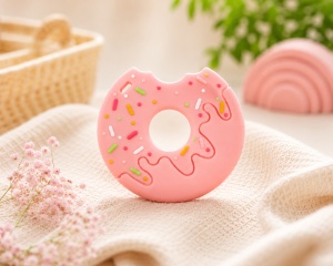 Jucarie pentru Dentitie Bebelusi, Donut, BPA Free Silicon, Roz, 3 luni+
