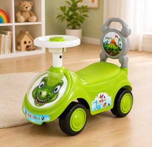 Mașinuță de Împins pentru Copii cu Model Dinozaur, Volan și Spătar cu Mâner, 4 Roți, Verde,12 luni + - Img 3