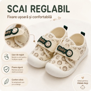 Pantofi Bebeluși pentru Primii Pași, Închidere cu Scai, Branț Moale, Model Smiley Baby, Crem cu Verde - Img 3
