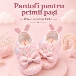 Pantofi Bebeluși pentru Primii Pași, Închidere cu Scai, Branț Moale, Model Fundiță și Urechi de Iepuraș, Roz - Img 5