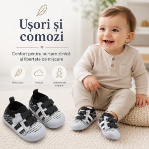 Pantofi Copii pentru Primii Pași, cu Scai, Bandă Elastică, Branț Moale, Talpă Antiderapantă, Negru cu Alb - Img 7
