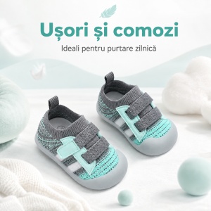 Pantofi Copii pentru Primii Pași, Închidere cu Scai, Bandă Elastică, Branț Moale, Talpă Antiderapantă, Gri cu Verde Mentă - Img 7