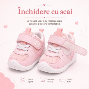 Pantofi Copii Stil Adidași, cu Elastic și Scai, Branț Moale, Talpă din Cauciuc, Roz Pal - Img 5