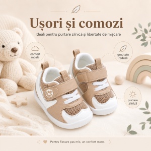 Pantofi Copii Stil Adidași, cu Elastic și Scai, Branț Moale, Talpă din Cauciuc, Alb cu Bej - Img 5
