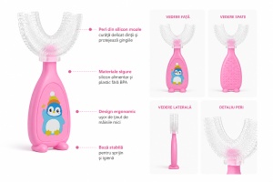 Periuta de dinti pentru Copii, Manuala, Silicon si Plastic, 10 cm, Pinguin Roz, 2 ani+ - Img 2