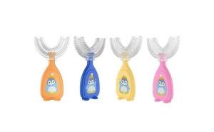 Periuta de dinti pentru Copii, Manuala, Silicon si Plastic, 10 cm, Pinguin Albastru, 2 ani+ - Img 3