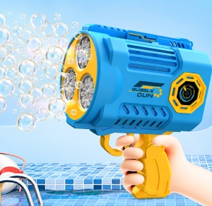 Pistol pentru Baloane de Săpun Bubble Blaster Pro Albastru-Galben cu Acumulator Reîncărcabil, Încărcare USB, 3 Orificii, Lumini LED - Img 3