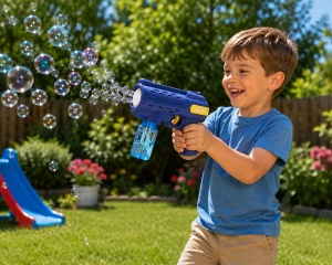 Pistol pentru Baloane de Săpun Model Bubble Ranger Albastru-Galben, cu Lumini LED, Funcționare pe Baterii - Img 2