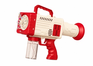 Pistol pentru Baloane de Săpun Model Bubble Rocket Roșu-Alb, cu Lumini LED, Funcționare pe Baterii